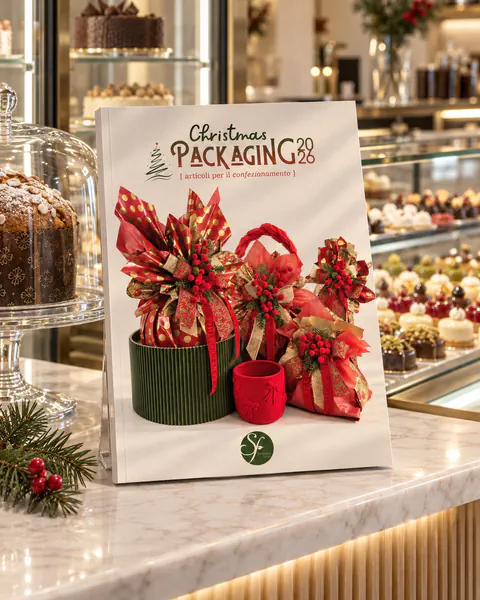 Il catalogo Christmas Packaging 2026 sul bancone di una pasticceria